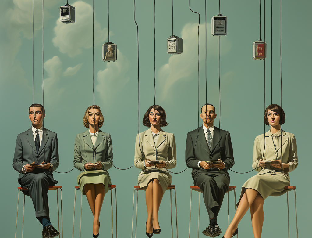 Five people sit in a row dressed like 1950s businesspeople, the women in skirts and men in suits. They are attached to each other with strings.