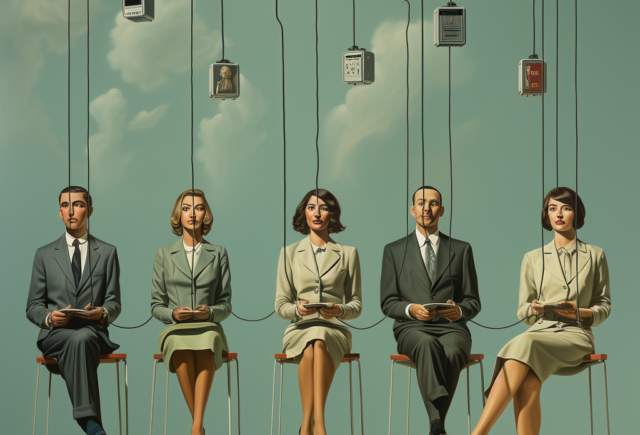 Five people sit in a row dressed like 1950s businesspeople, the women in skirts and men in suits. They are attached to each other with strings.