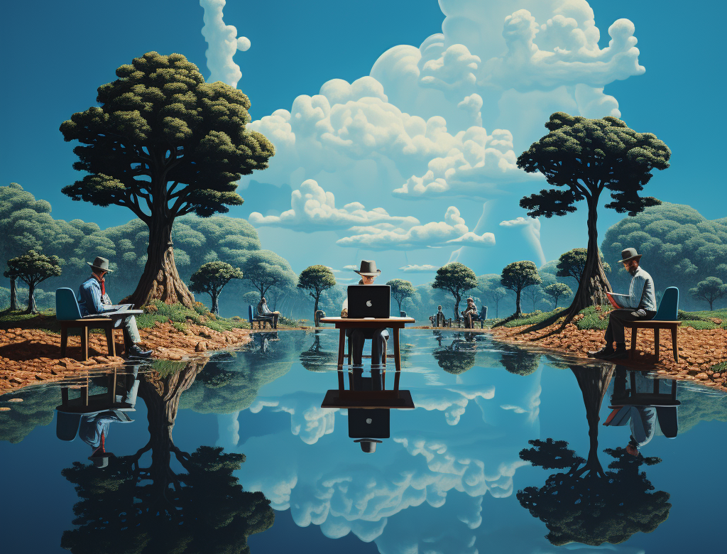 Several people in hats sit far apart, looking at their computers. Trees and clouds are reflected in a lake.