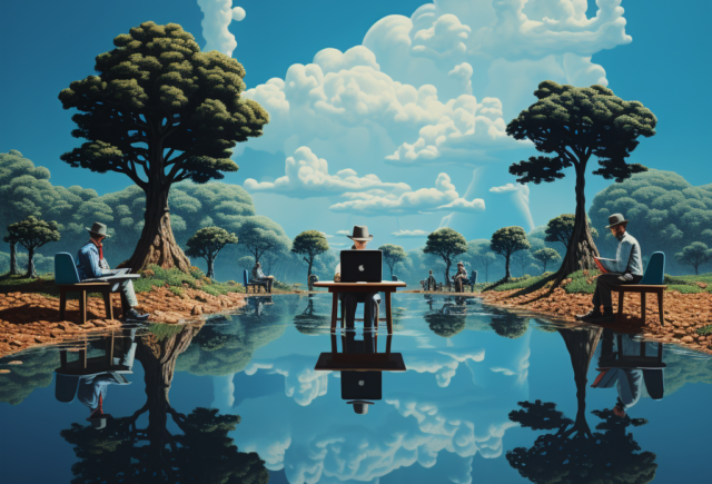 Several people in hats sit far apart, looking at their computers. Trees and clouds are reflected in a lake.
